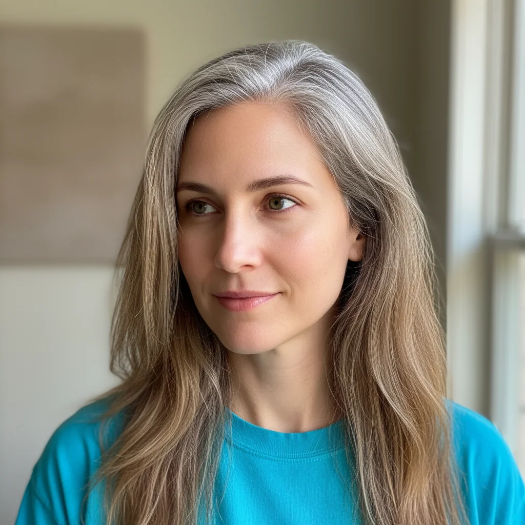 Woman with visible gray roots and blonde hair