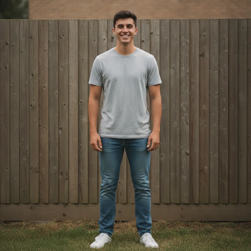 Full-length photo of the son, taken separately against a garden fence