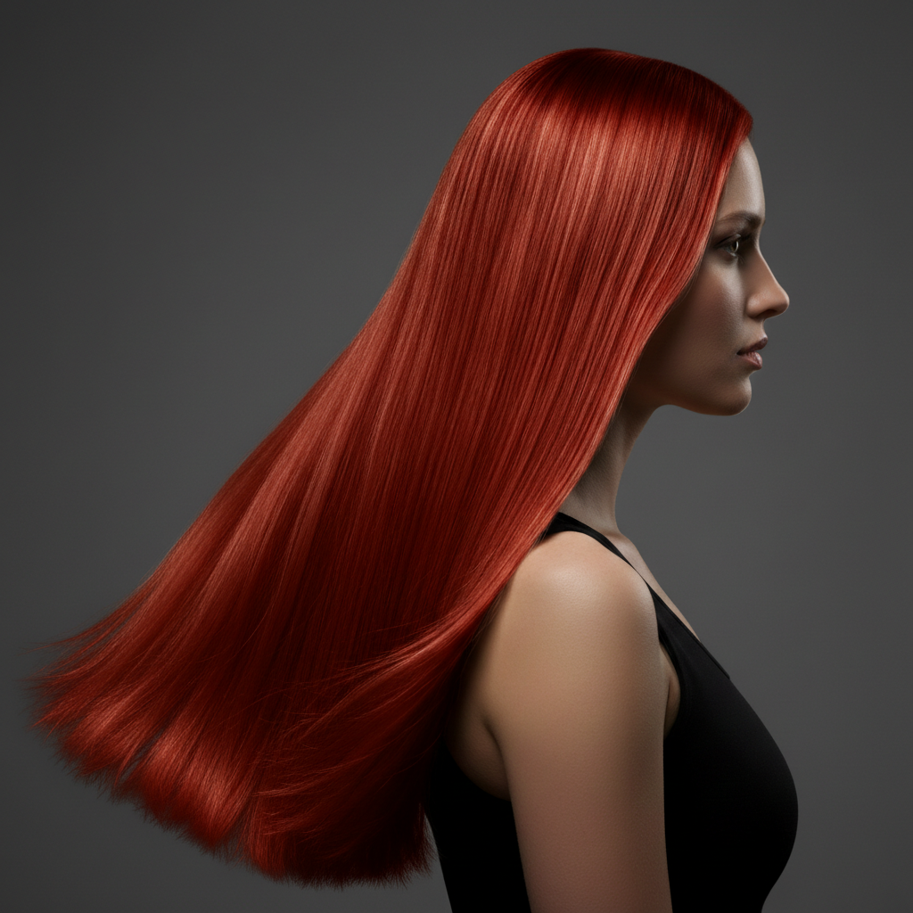 Same woman with vibrant copper red hair