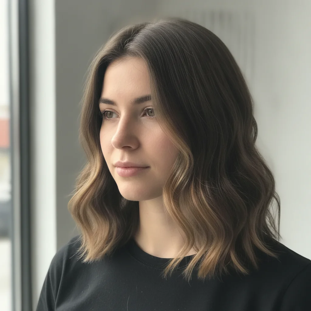 Same woman with balayage transformation showing warm honey and caramel highlights