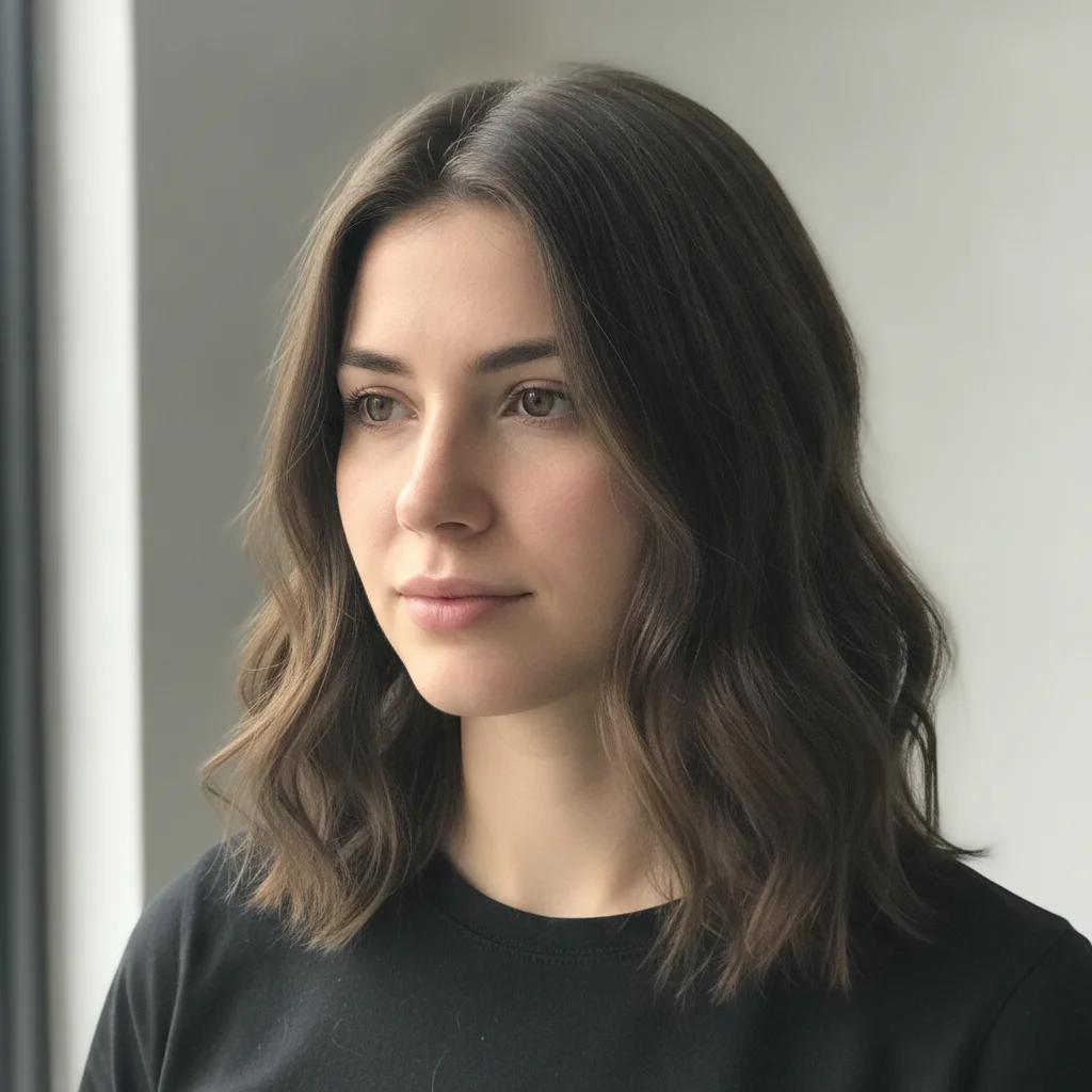 Woman with natural medium brown hair in mid-length straight style