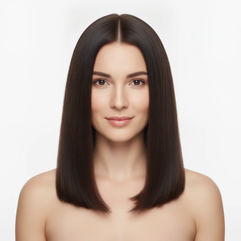 Same woman with textured lob cut just below the chin with face-framing layers