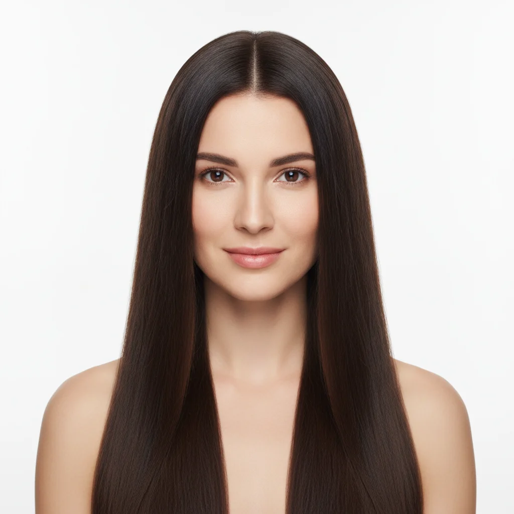 Woman with long straight dark brown hair reaching mid-back