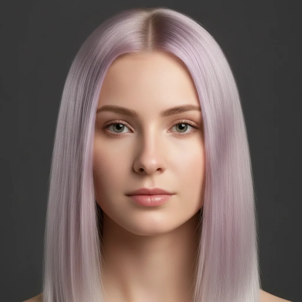 Same woman with pastel lilac purple color transformation with silver gradient at ends
