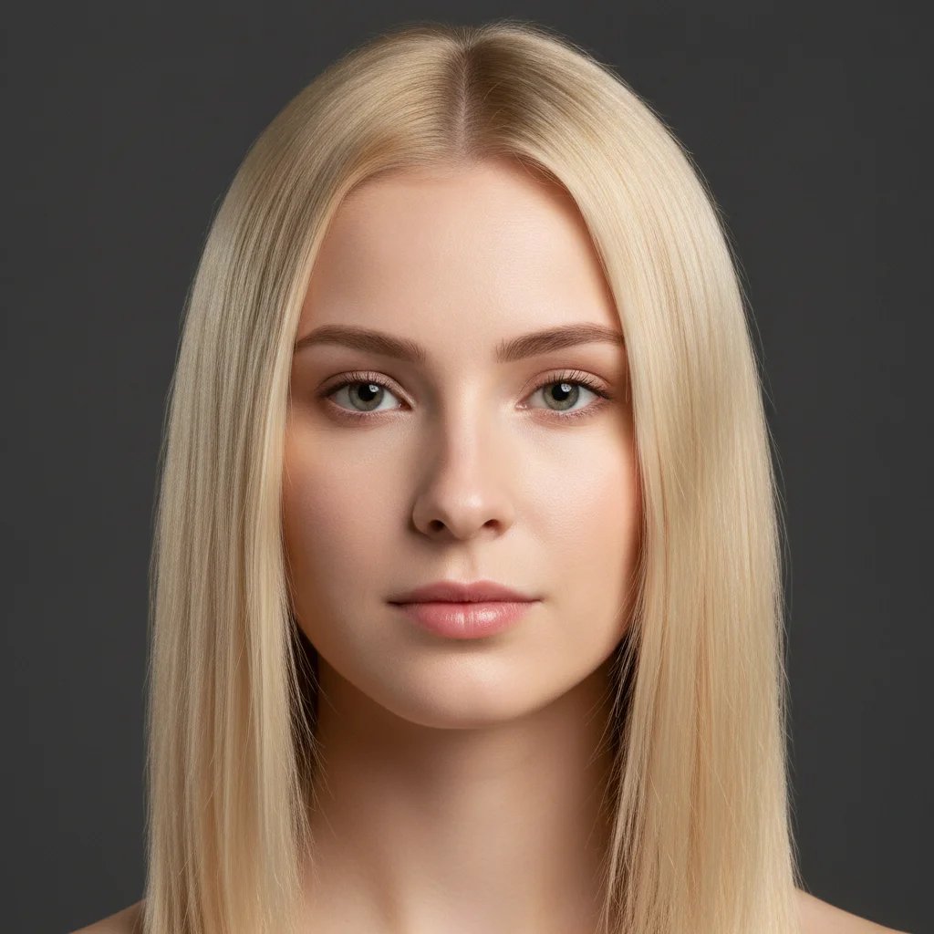 Woman with medium-length natural blonde hair against dark grey background