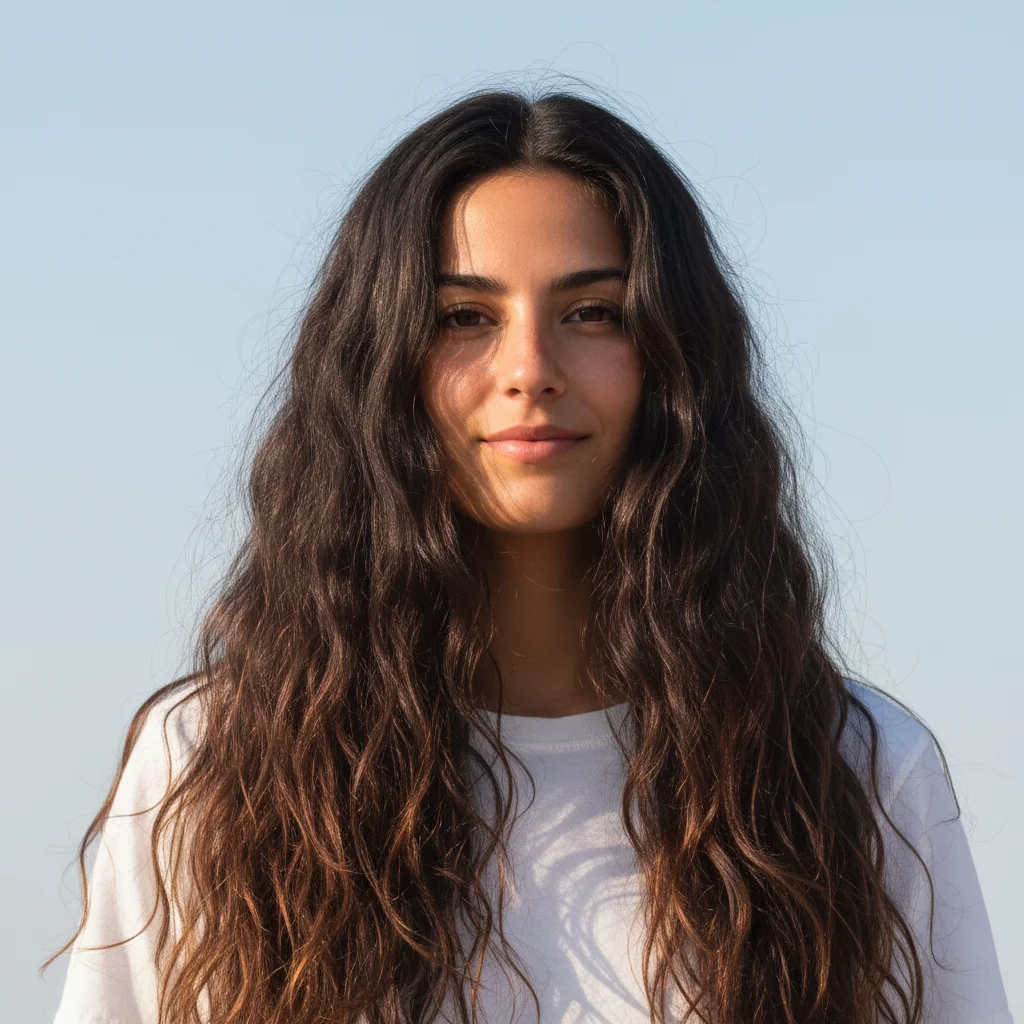 Woman with long wavy hair before sleek straightening