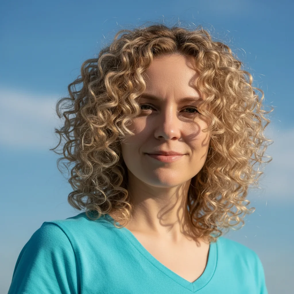 Same person with tight spiral curls throughout hair