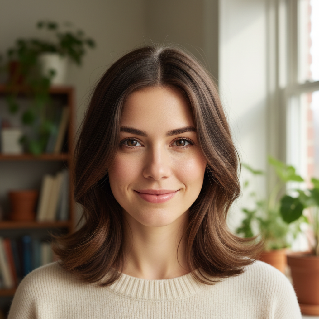 Woman with short cropped dark hair above ears
