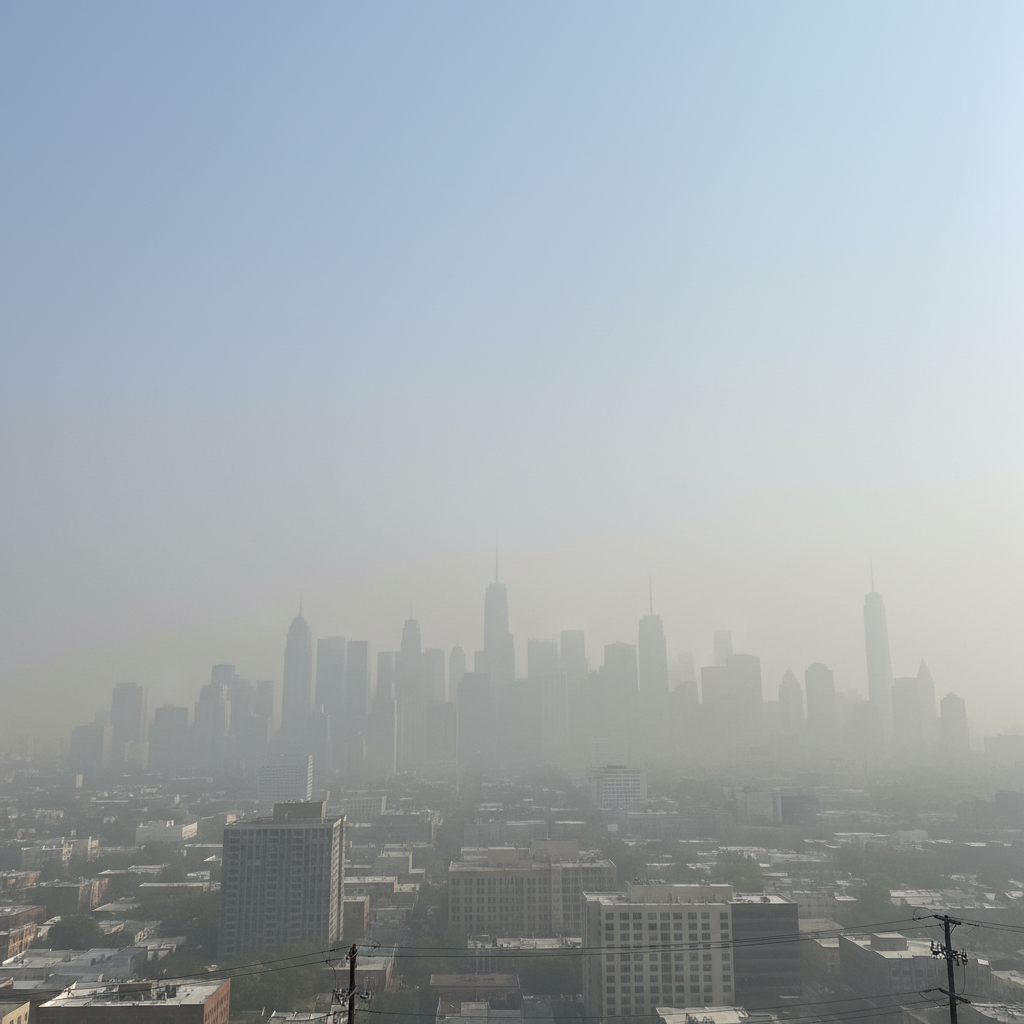 City skyline with urban haze reducing building clarity
