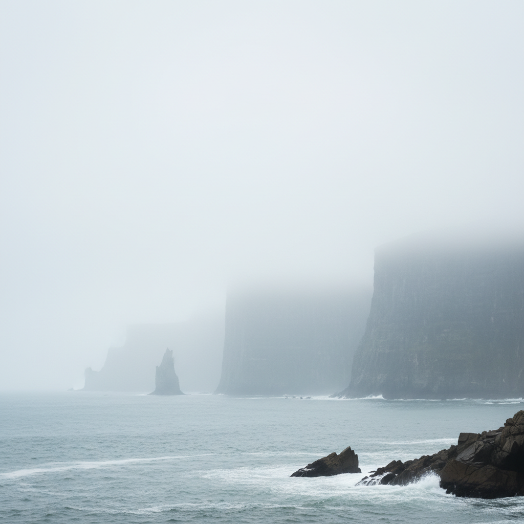 Coastal scene with heavy fog obscuring ocean horizon