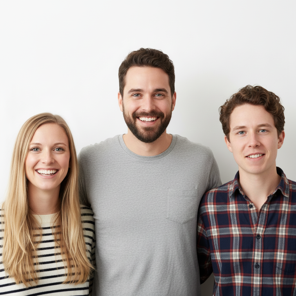 Same group photo with the blinking person replaced with natural open-eyed expression