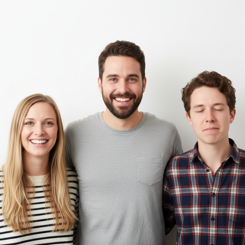 Group of three people, person on right has eyes closed