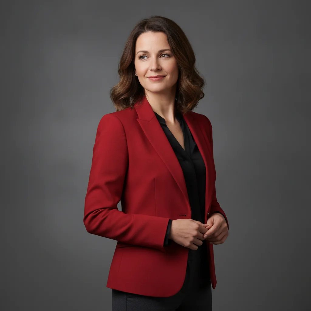 Person in red blazer against grey background