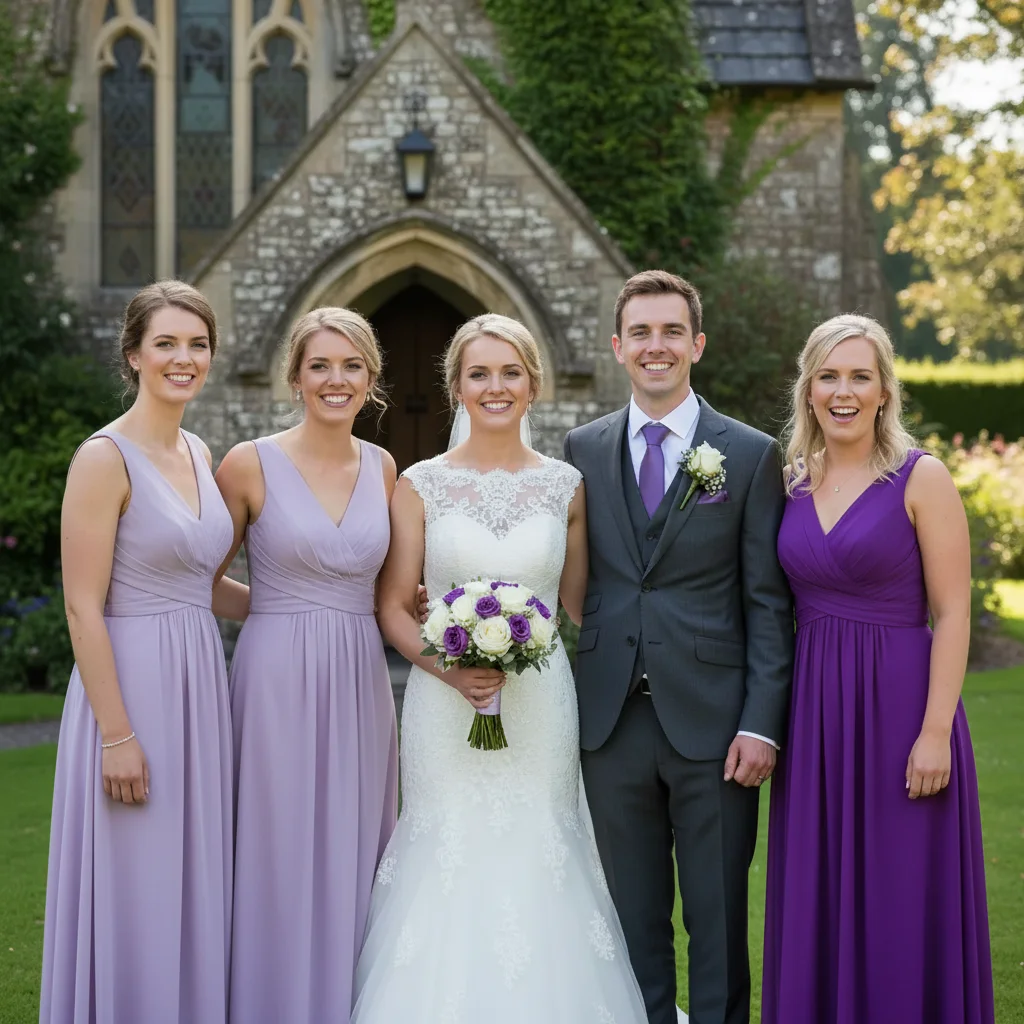 Same wedding photo with maid of honor's head swapped to version with eyes open and smiling