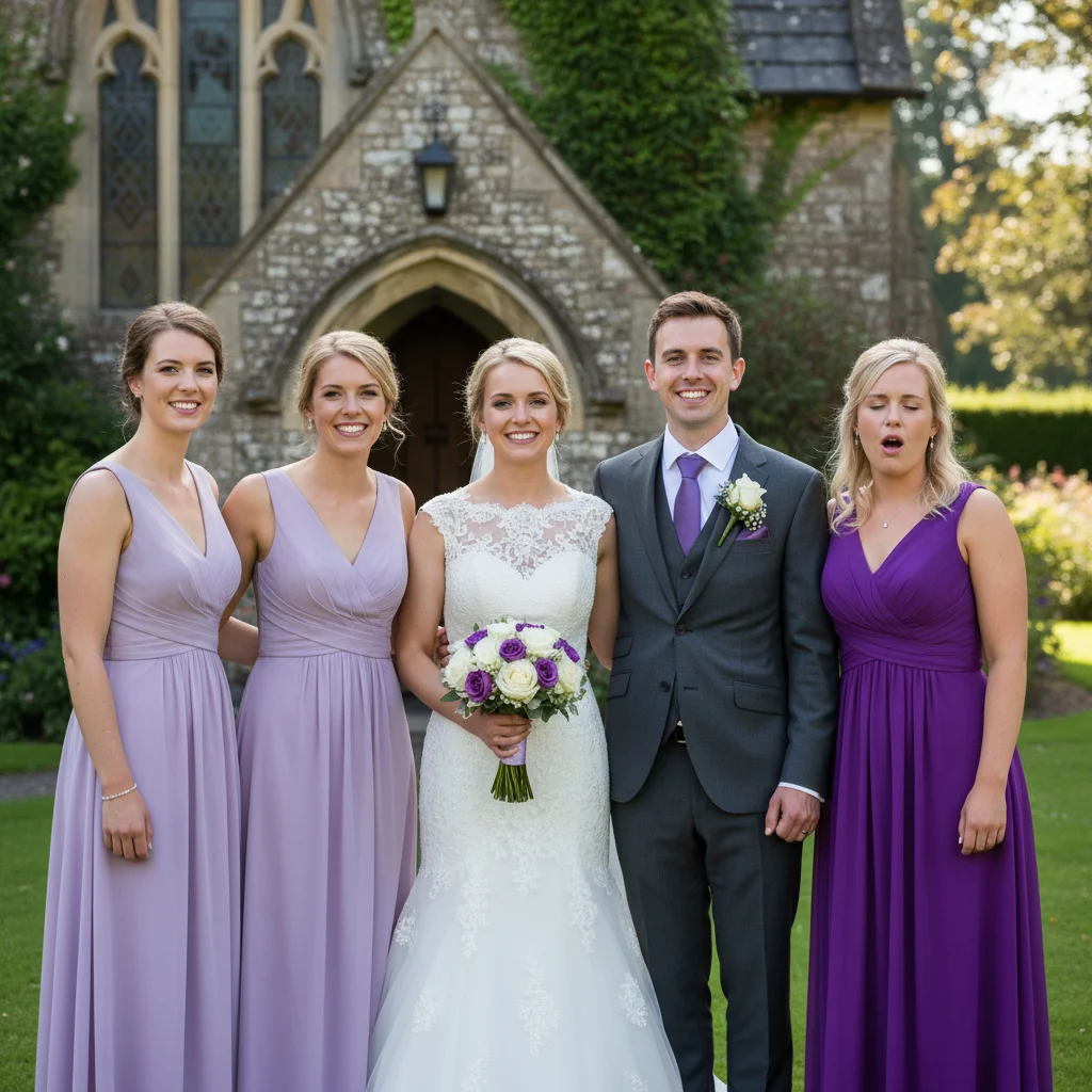 Wedding party photo with maid of honor in purple dress with eyes closed