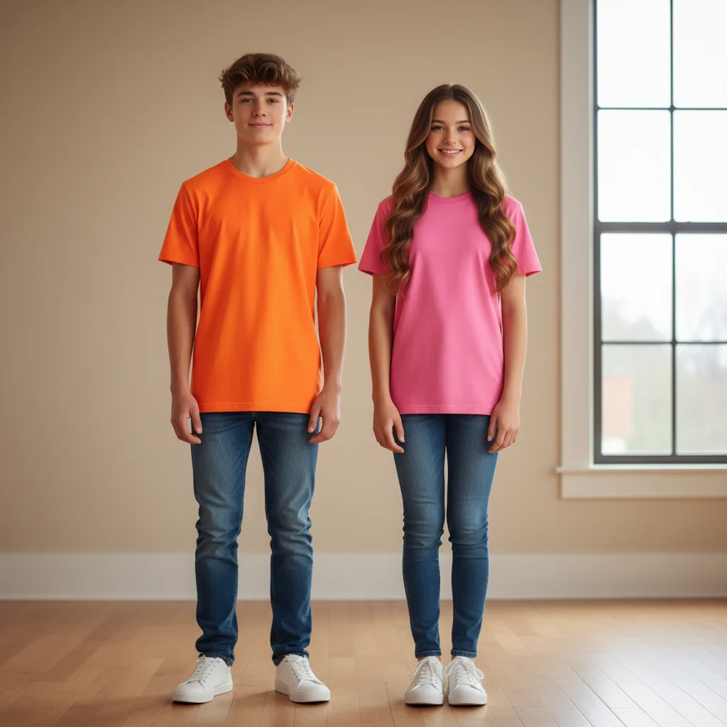 Brother in orange shirt and sister in pink shirt standing side by side