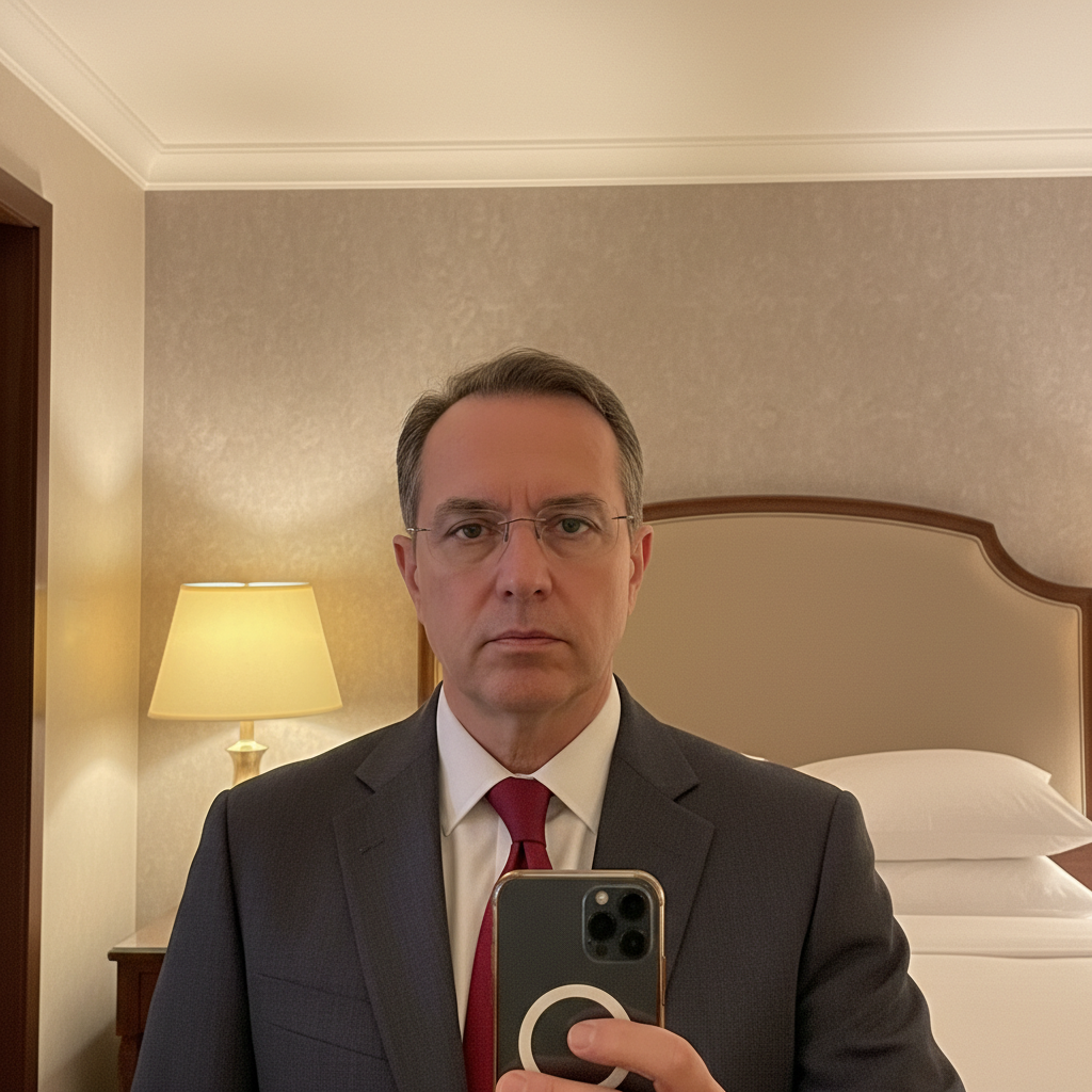 Hotel room selfie with bed and lamp visible