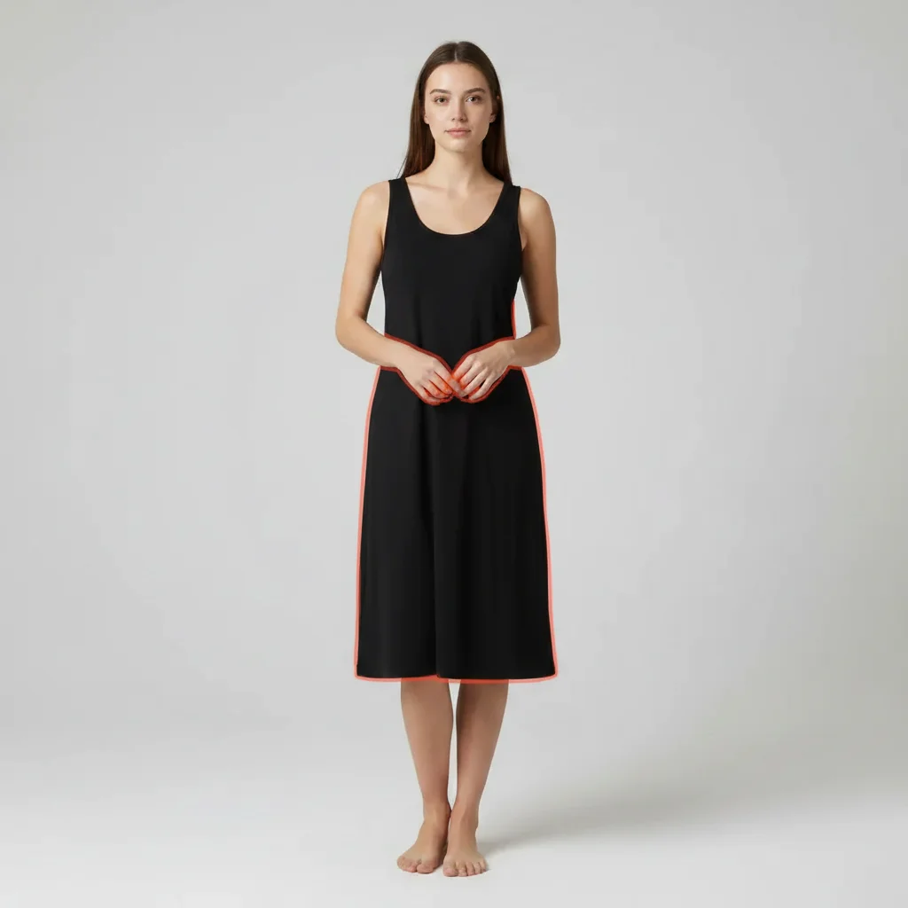 Same woman with slightly elongated fashion-model proportions