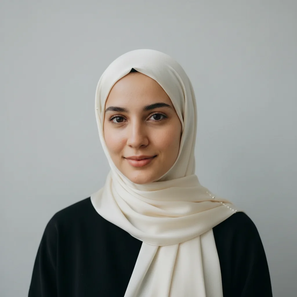 Same woman wearing an elegant ivory silk hijab with pearl pins