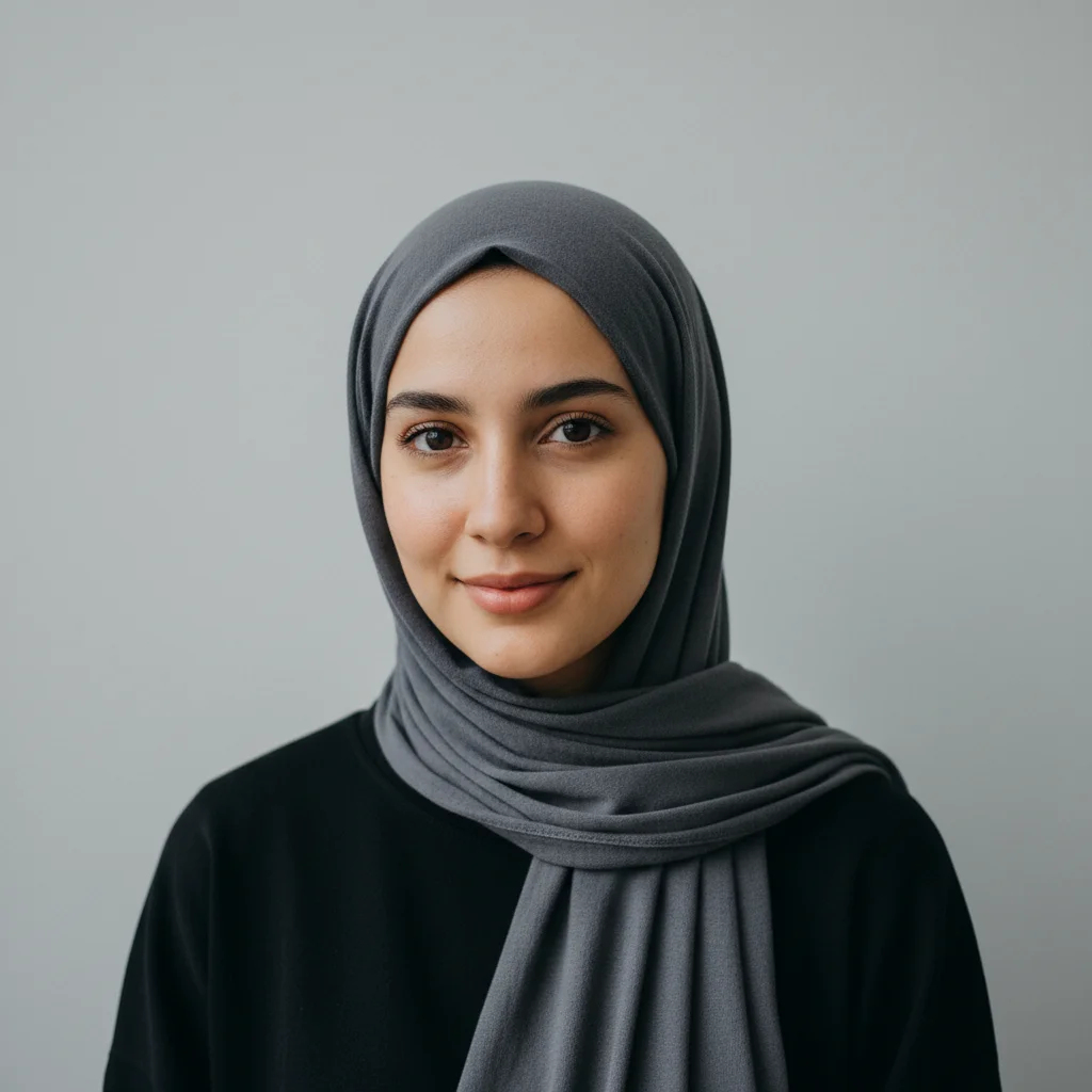 Woman wearing a plain dark grey cotton hijab