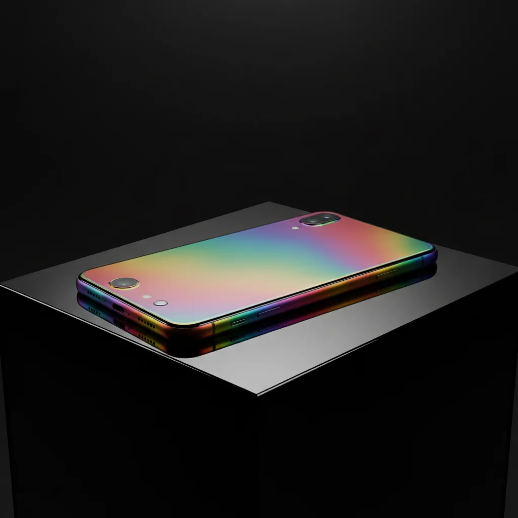 Product photo with bold holographic metallic rainbow effect