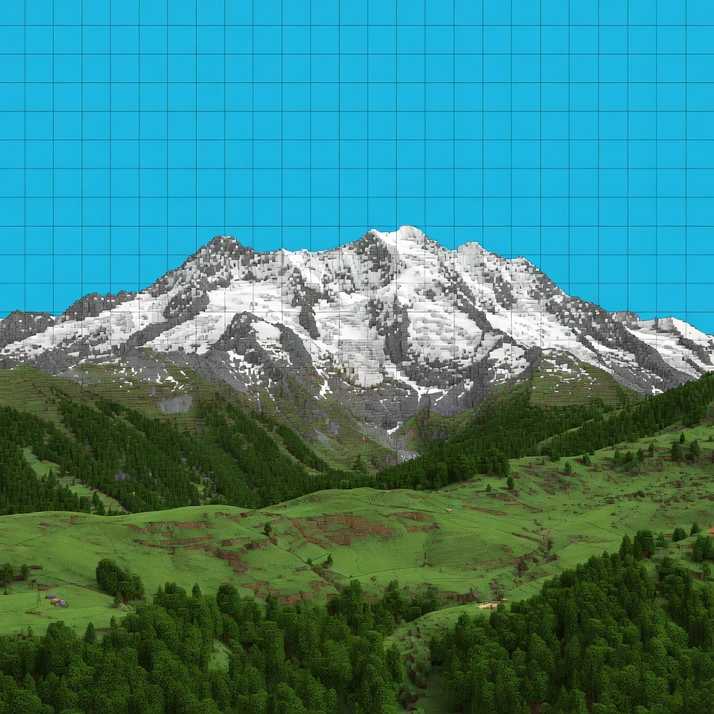 The same mountain and valley rendered as a blocky Minecraft-style schematic, with a grid overlaid on the sky and blocky textures on the rock, snow, and trees.