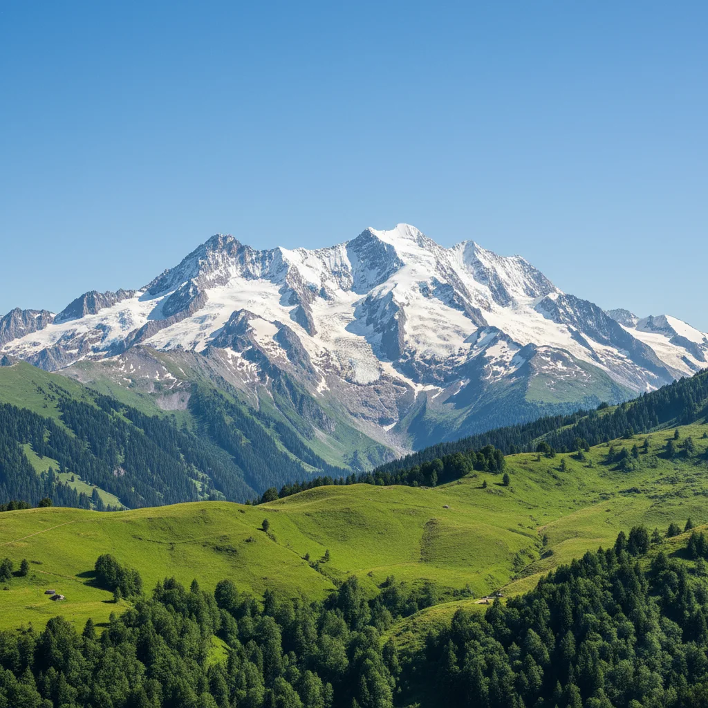 A snow-capped mountain range rising above green forested hills and open pasture, under a clear blue sky.