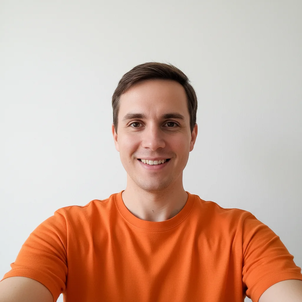 A smiling selfie of a person in an orange t-shirt against a plain white wall, arms outstretched toward the camera.