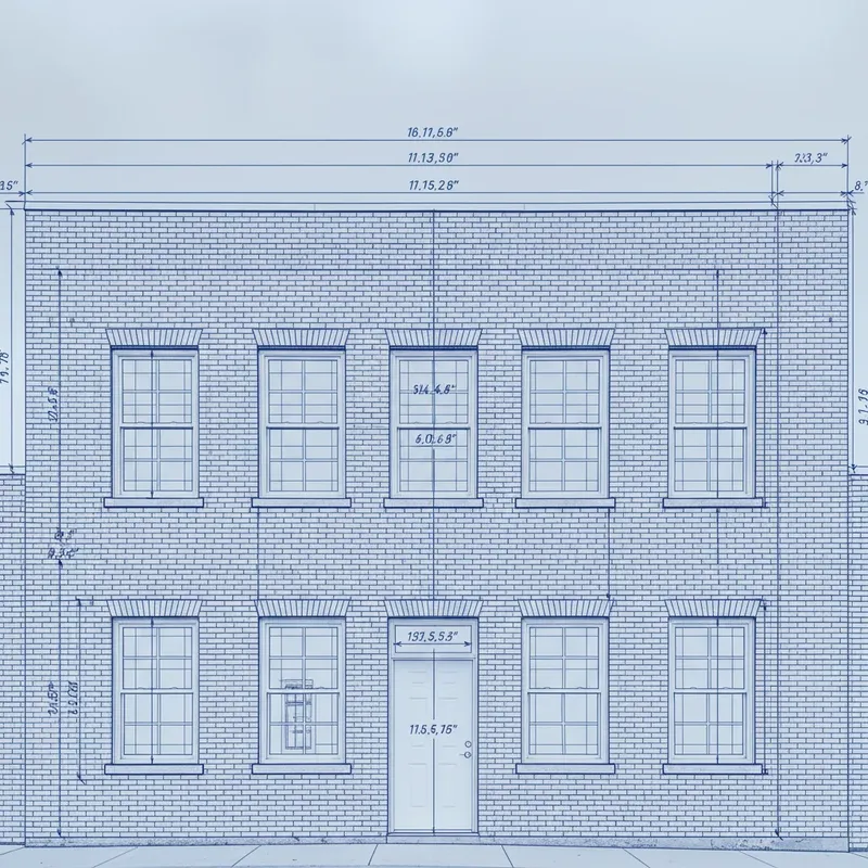 Same building as blue technical blueprint schematic with grid lines