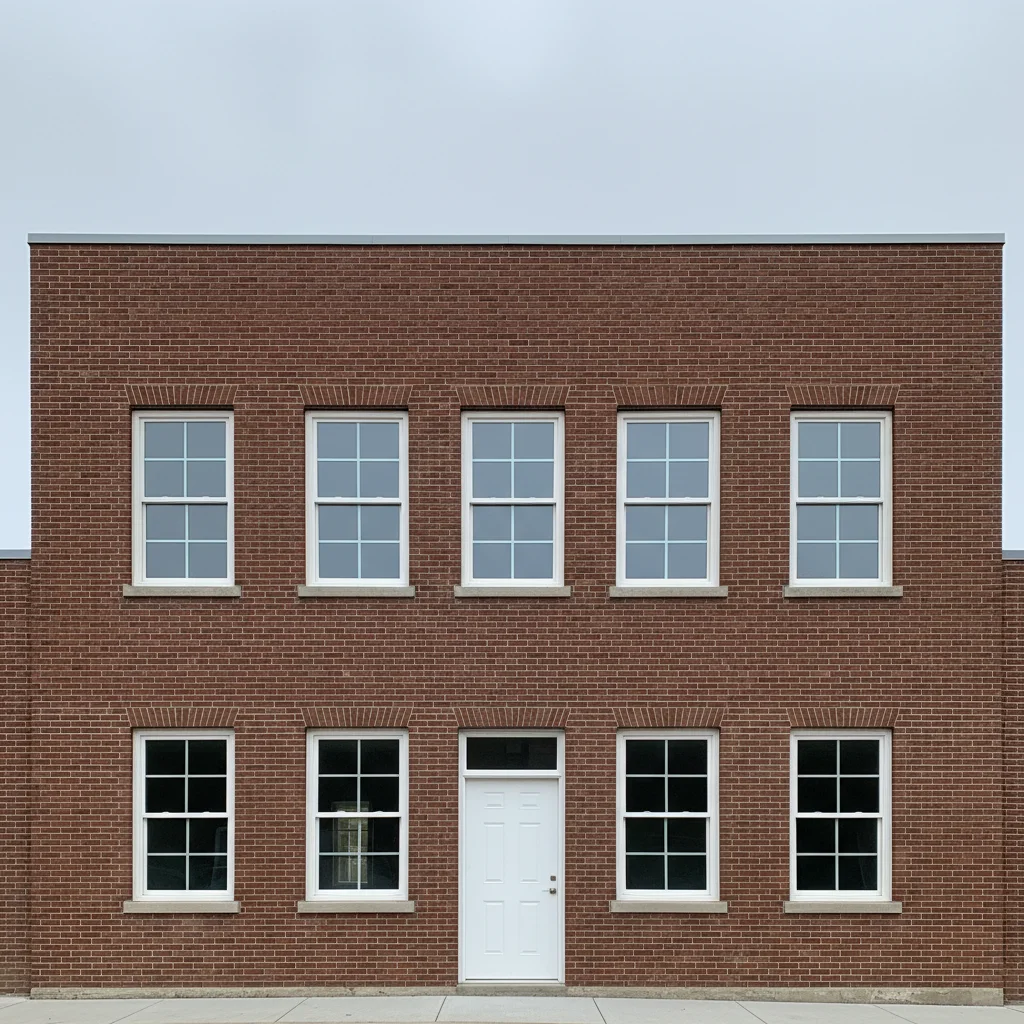 Red brick building facade with symmetrical windows