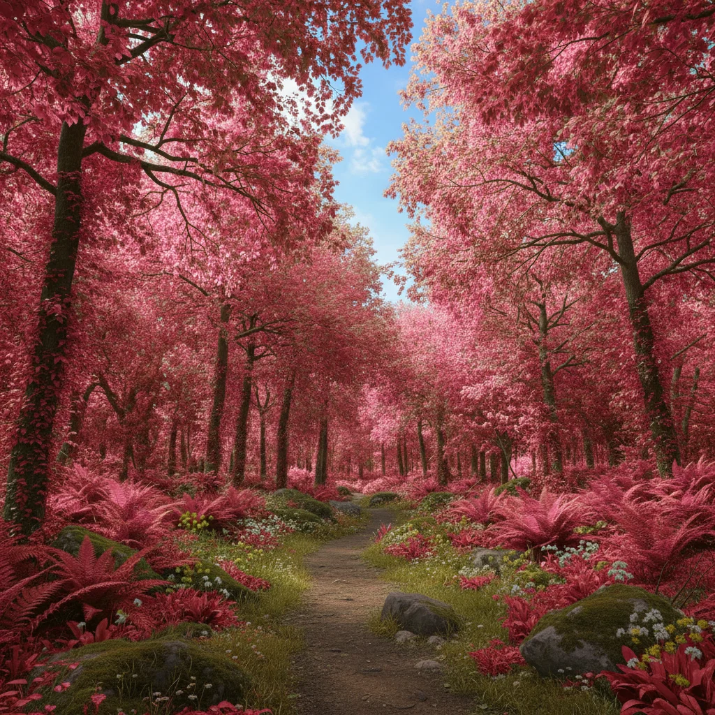 False-color infrared with pink and red trees