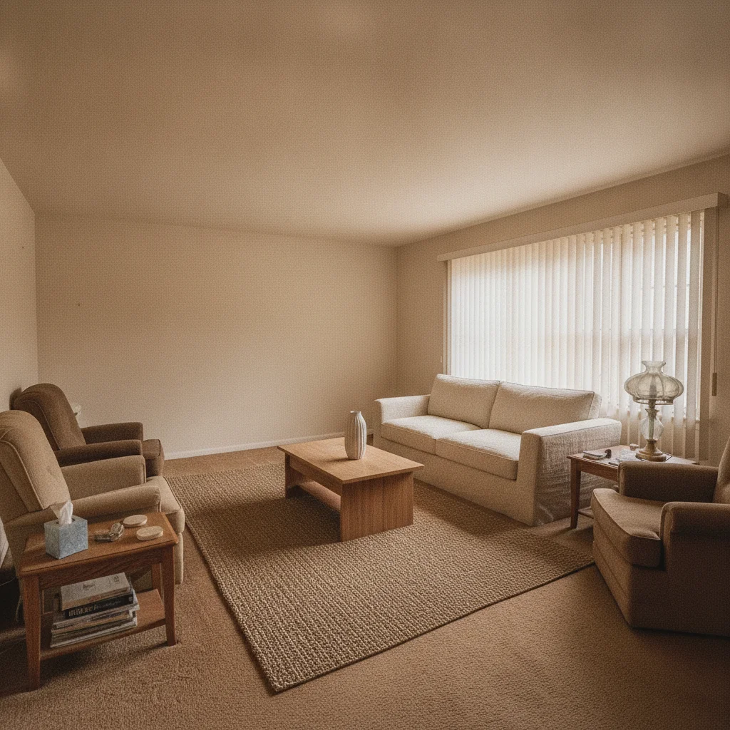 Same room redesigned in Japandi style with light oak furniture, linen sofa, and warm white walls