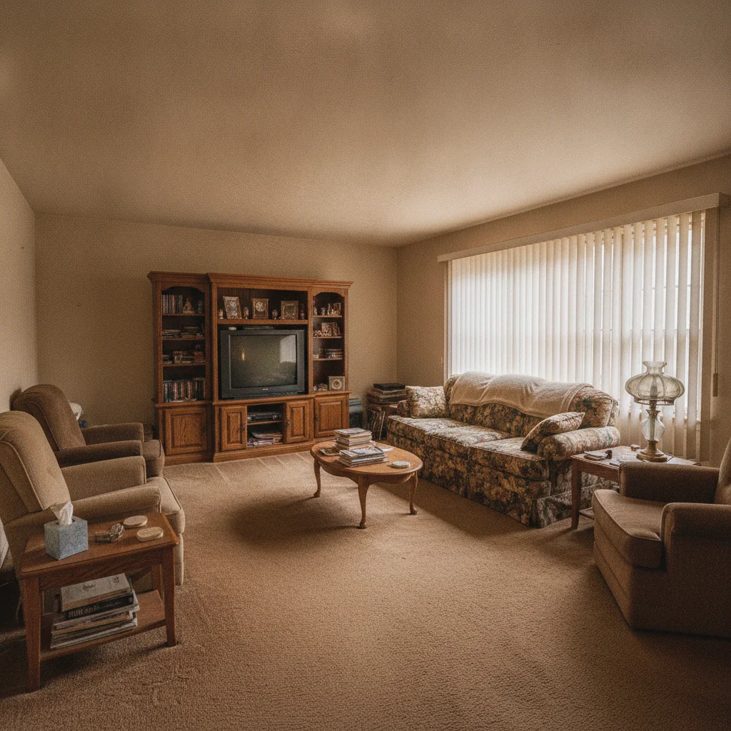 Dated living room with beige walls, worn carpet, and heavy brown furniture