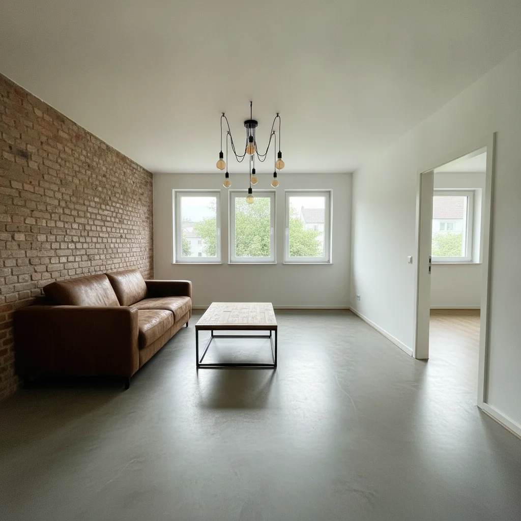 Same room redesigned in industrial loft style with exposed brick, dark leather sofa, and Edison lights