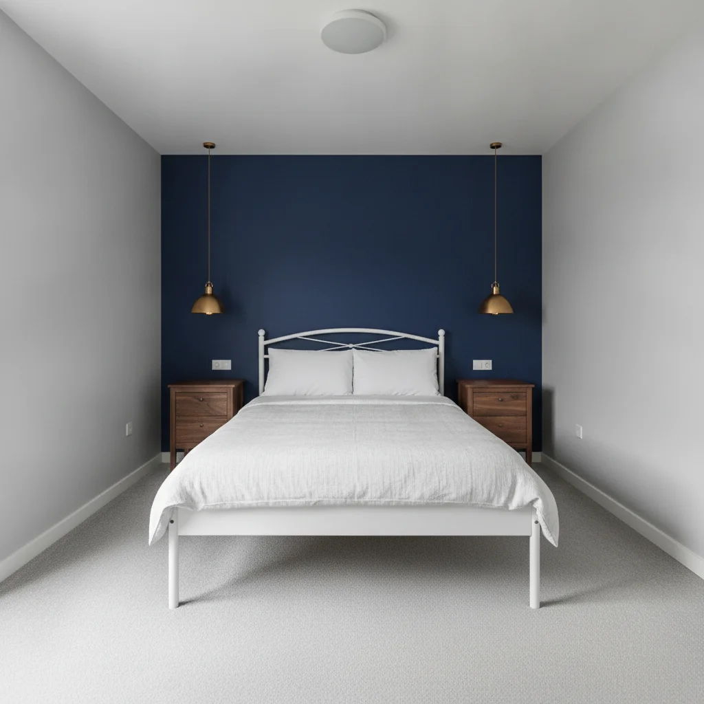 Same bedroom with deep navy accent wall, white linen bedding, and walnut bedside tables