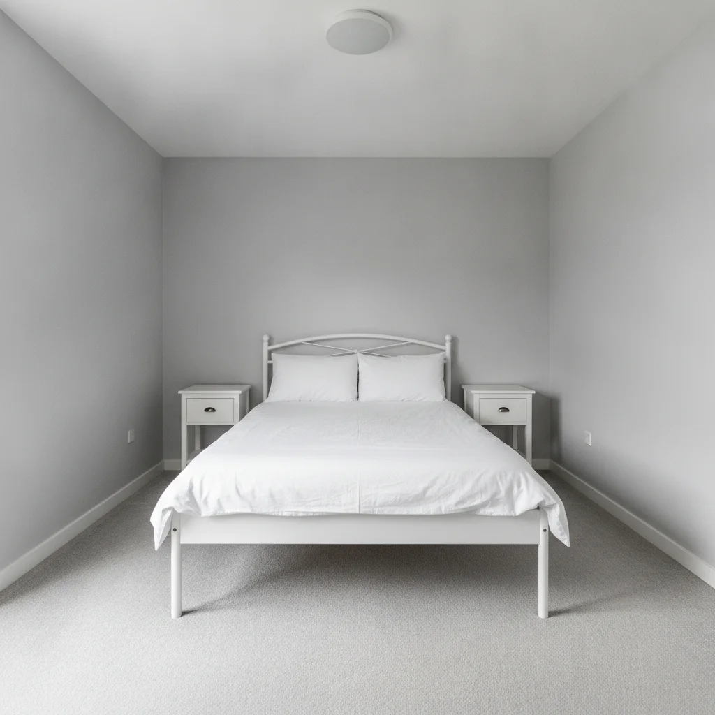 Plain grey bedroom with white bed frame and standard furniture