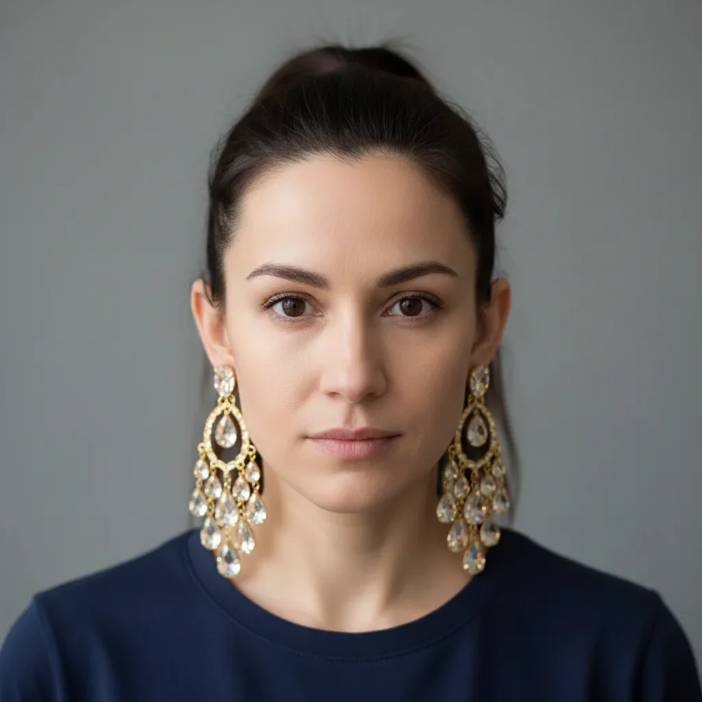Same woman wearing large gold chandelier earrings