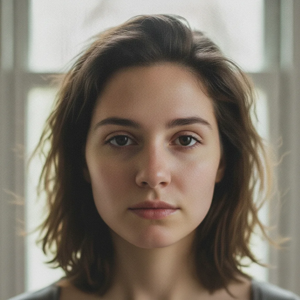 Same portrait with all JPEG artifacts removed, natural smooth skin restored