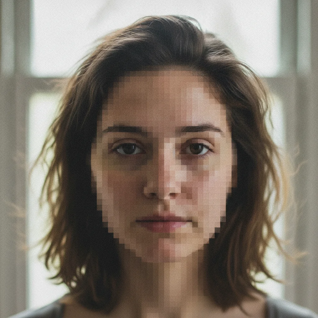 Portrait with heavy JPEG artifacts — mosaic blocking on skin and ringing around hair