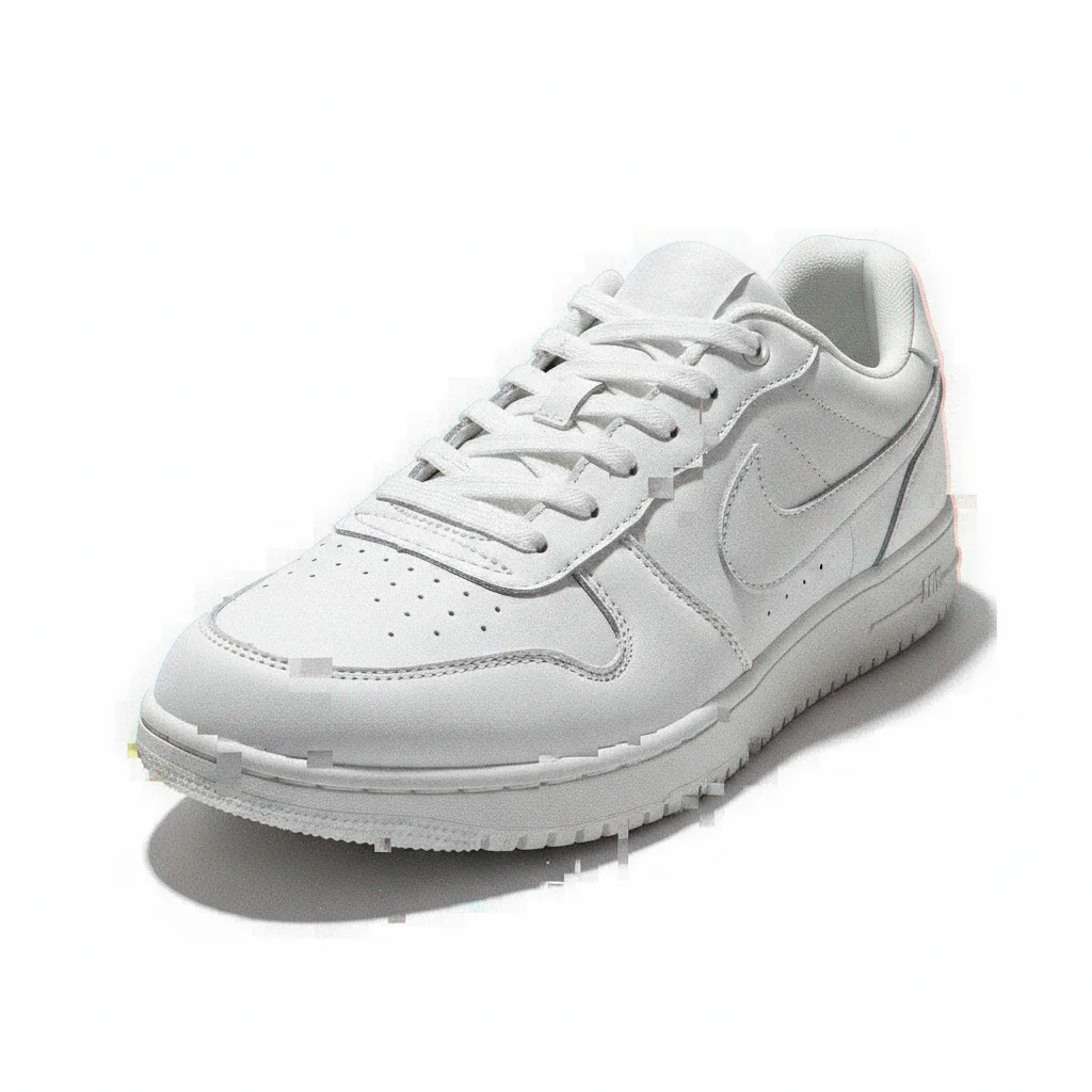 Product photo of white shoe with JPEG mosaic blocking and edge ringing artifacts