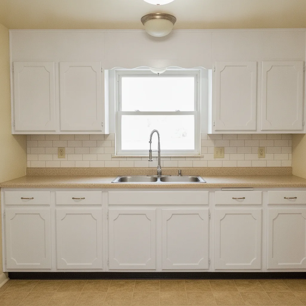 Same kitchen with cabinets changed to bright white satin, backsplash and hardware unchanged
