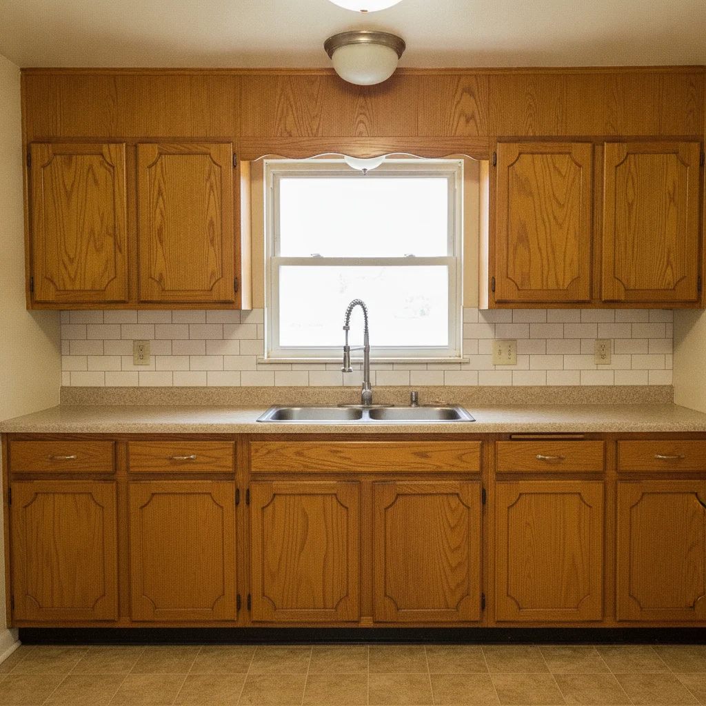 Kitchen with dated honey oak cabinets and white subway tile backsplash