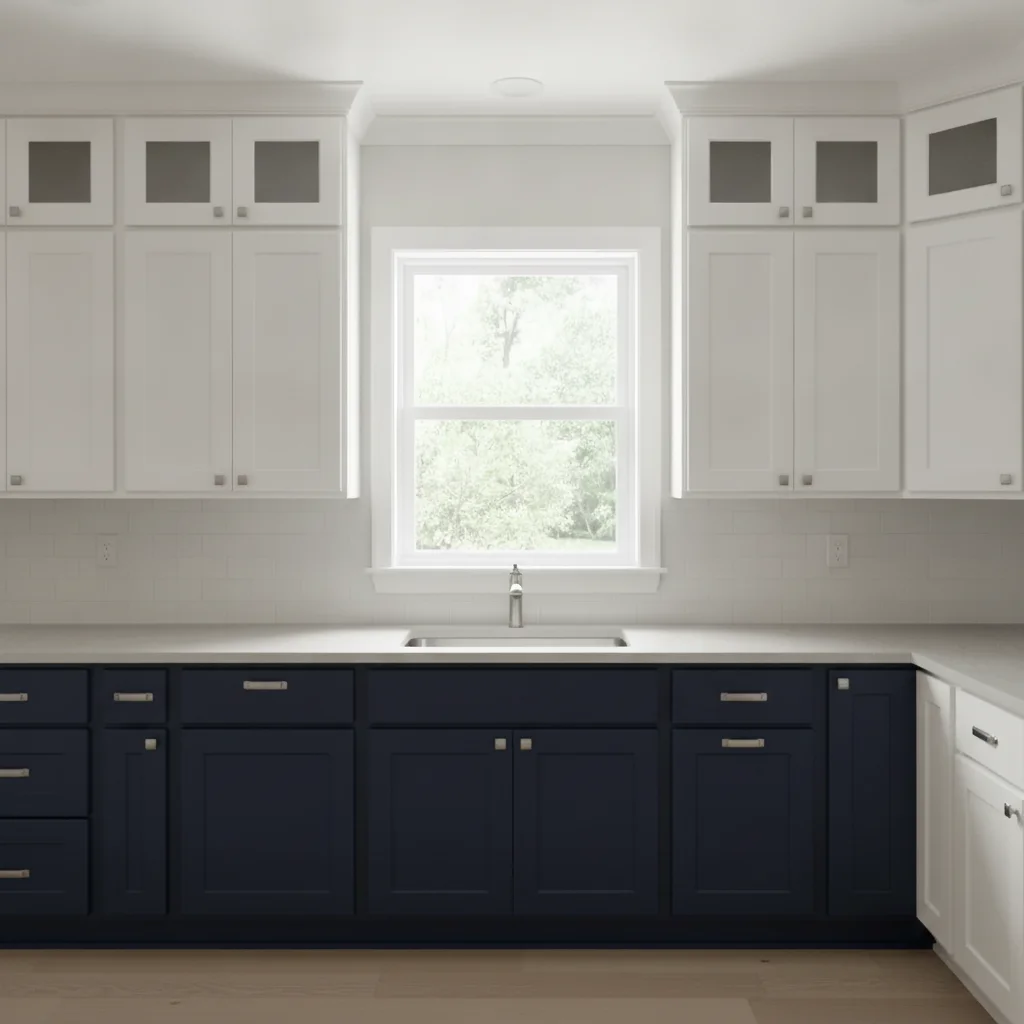 Same kitchen with lower cabinets changed to deep navy blue, upper cabinets remain white