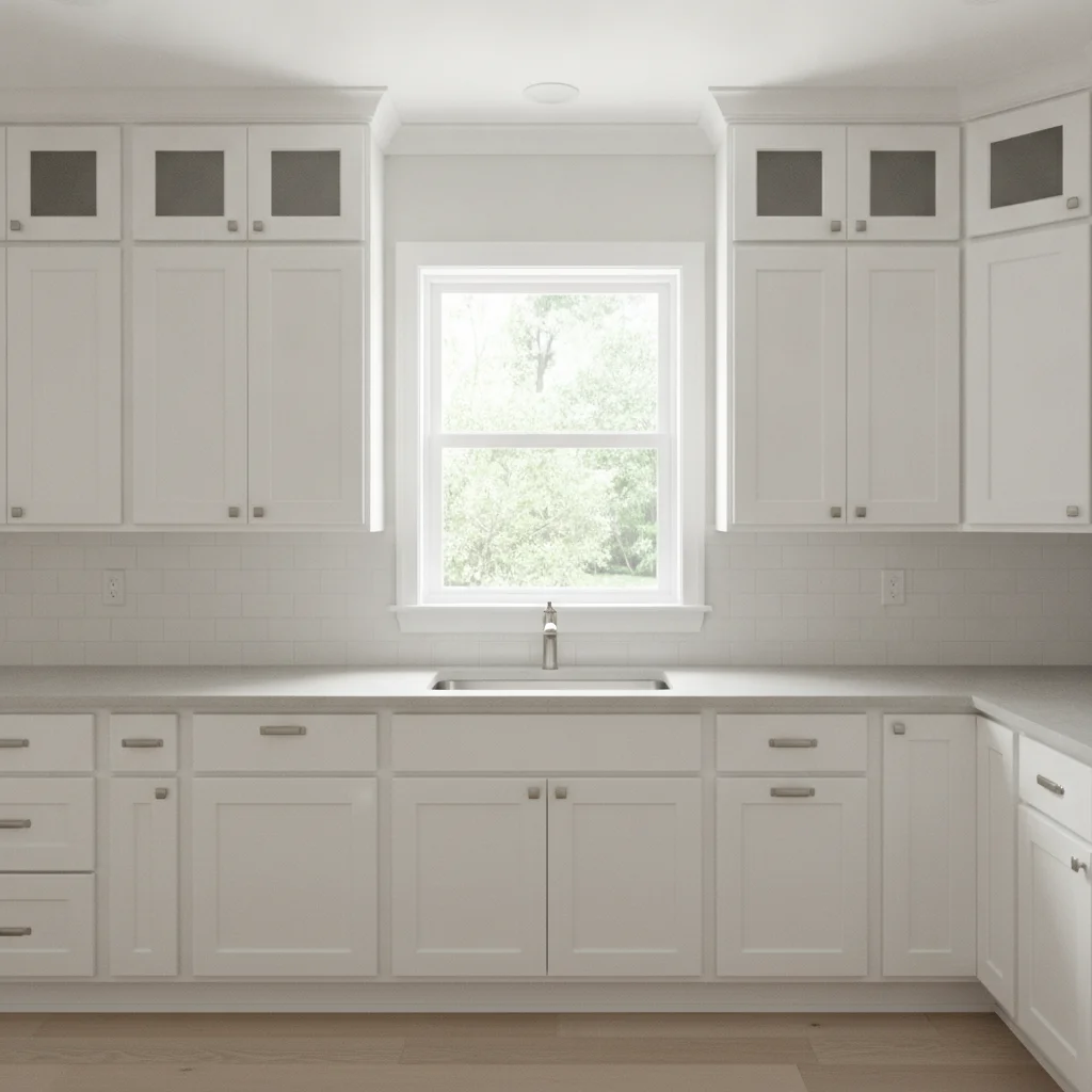 Kitchen with all white shaker cabinets and grey quartz countertops
