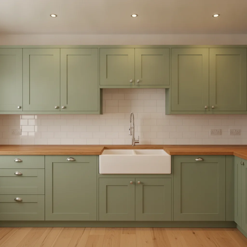Same kitchen with cabinets changed to warm sage green, backsplash and countertops preserved