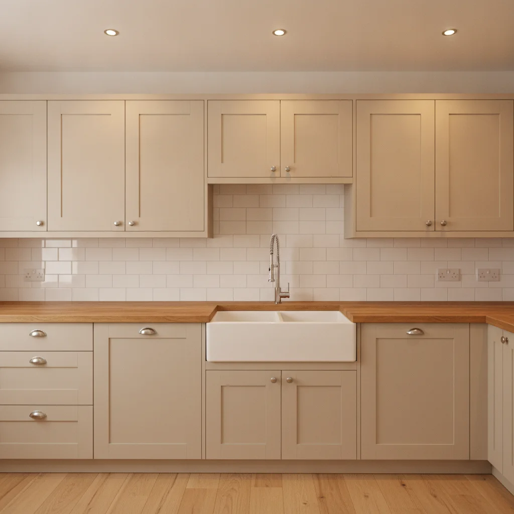Kitchen with flat beige cabinets, white tile backsplash, and butcher block countertops