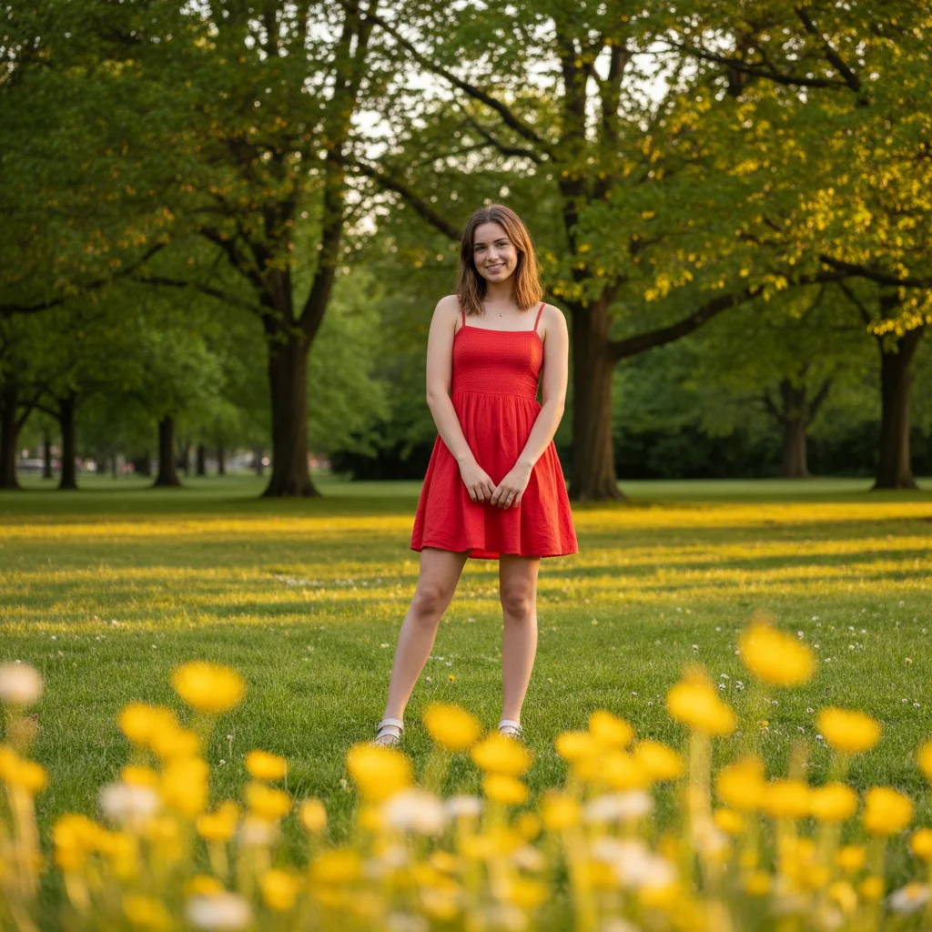 Full-body outdoor portrait in red sundress with legs visible