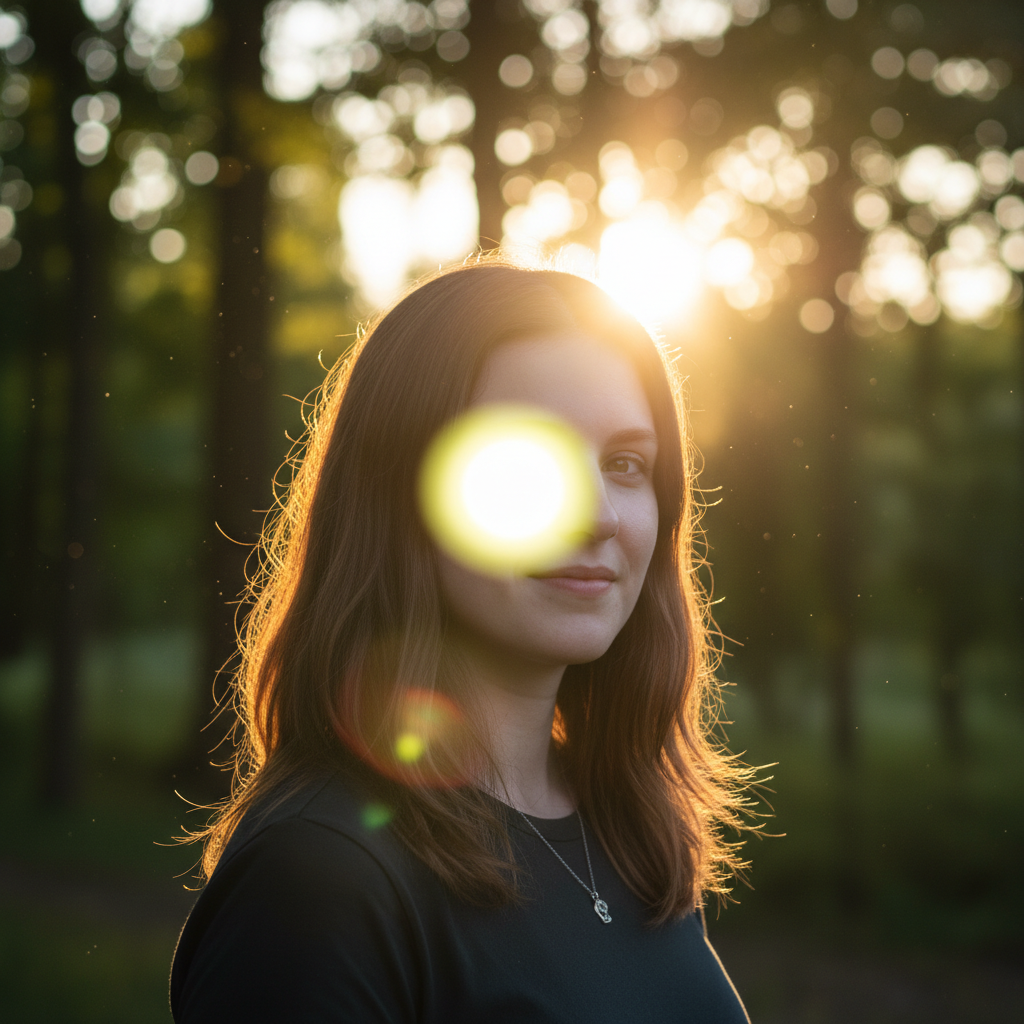 Sunset landscape with multiple colored lens flare spots