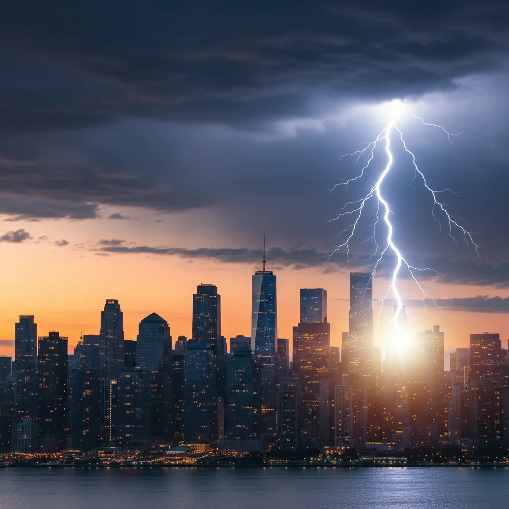 Same skyline with lightning bolt striking toward buildings, storm atmosphere