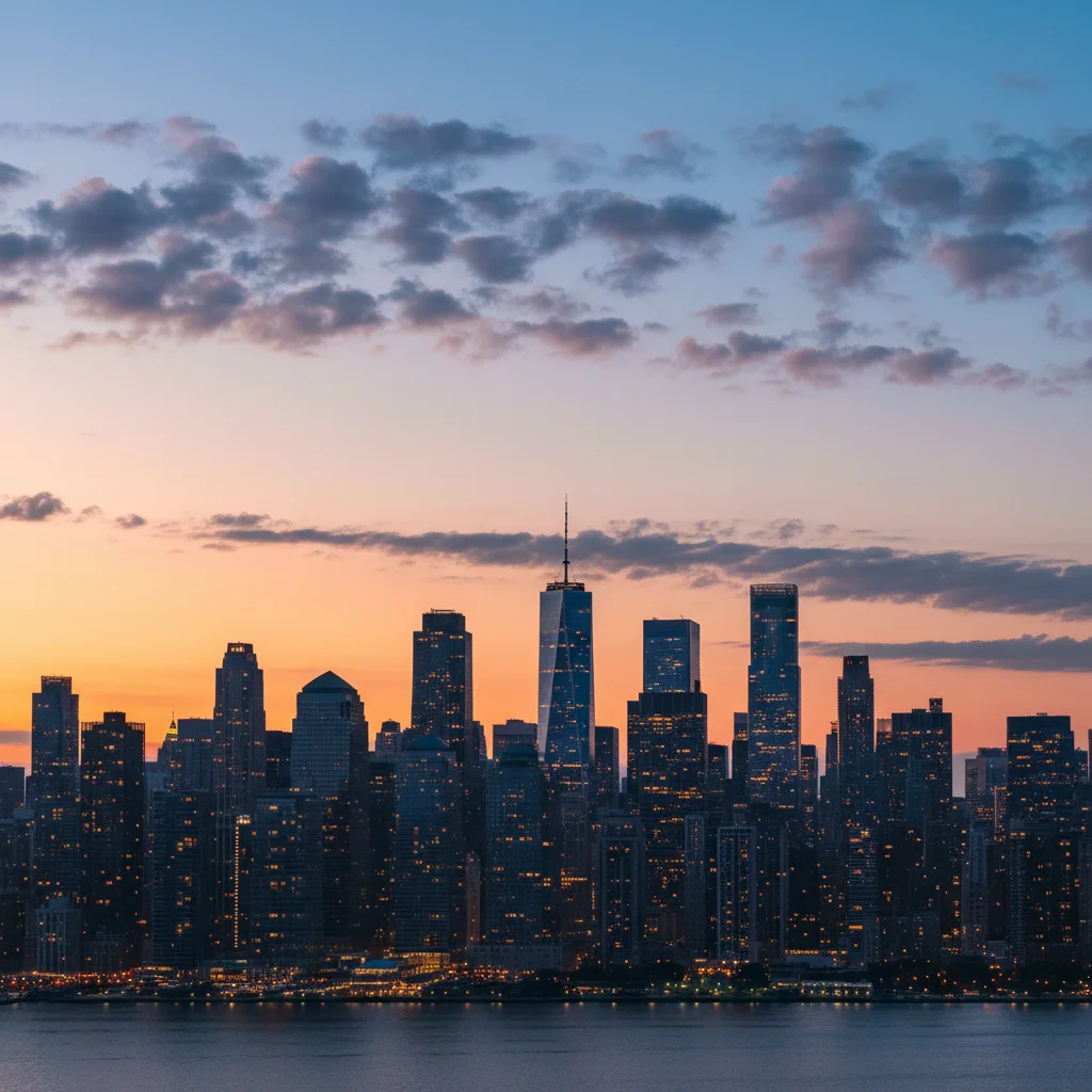 City skyline at dusk with clear sky